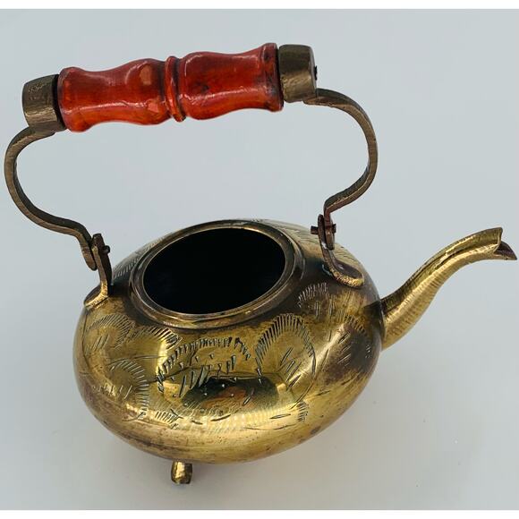 Vintage Brass Tea Kettle Teapot Etched Legs Wood Handle Mini India Missing Lid - Picture 3 of 12
